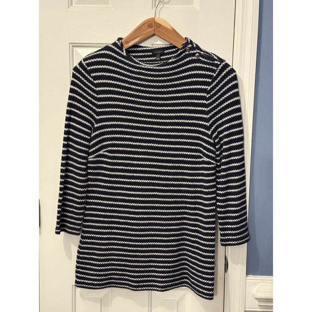 Talbots Navy White Striped Knit Pullover Sweater L 100% Cotton Button Boat Neck